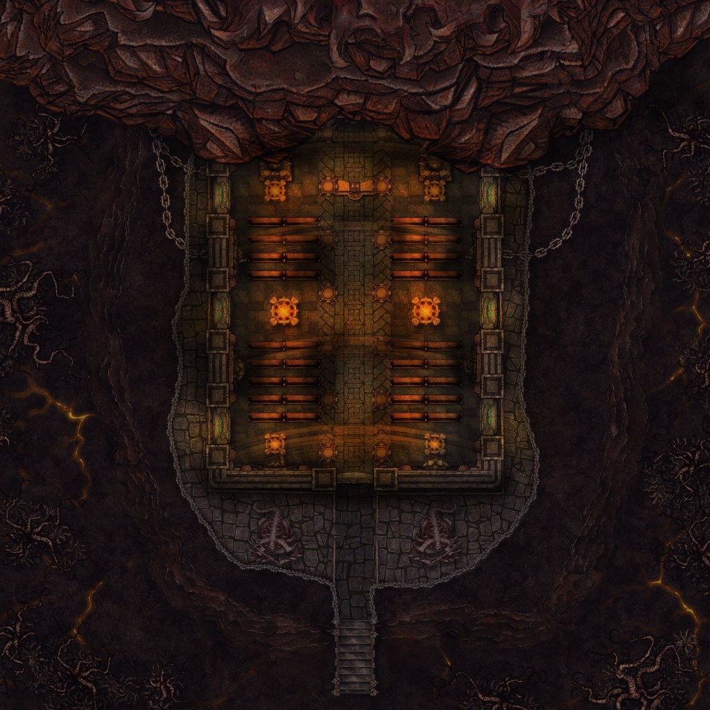 A temple structure within a volcanic wasteland. It sits on a rocky perch above the rest of the land and is built into the mountainside.